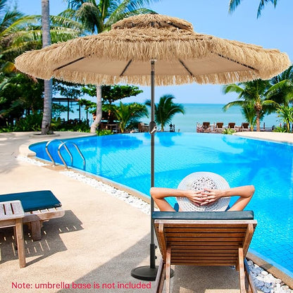 Tangkula 9 ft Thatched Patio Umbrella, 2 Tier Hawaiian Style Grass Beach Umbrella with 32 Led Lights, Center Light, Solar Tiki Umbrella with 8 Ribs, Tilt Adjustment, Manual Crank for Backyard Pool