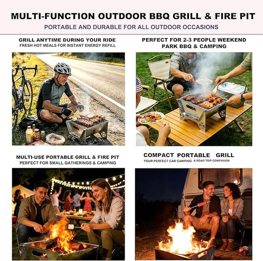 Portable Charcoal Grill for Camping, 2-in-1 Fire Pit with 304 Stainless Steel Grate, Paint-Free Galvanized Steel, Easy Assembly & Storage Bag for Backyard BBQ Picnic