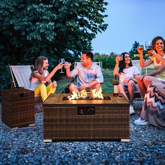 2-Piece Outdoor Propane Fire Pit Table w/Tank Holder, 32inch Handmade Rattan Wicker Firepit Ceramic Tabletop with Steel Lid 40,000 BTU Rectangle Fire Table Set for Patio, Deck, Backyard (Brown)