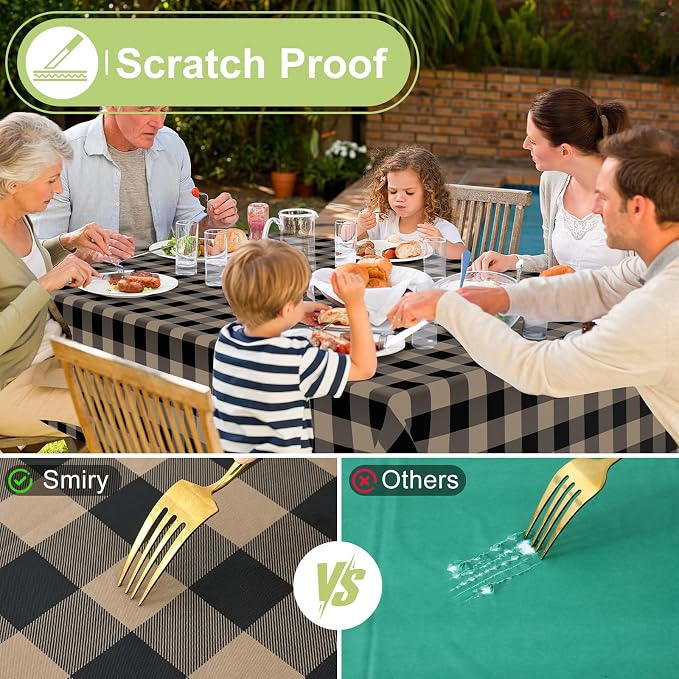 Smiry Oval Table Cloth, Vinyl Tablecloths with Flannel Backing, 60"x84" | Waterproof Picnic Table Cloth, Wipeable Buffalo Plaid Table Cover for Indoor and Outdoor (Black & Khaki)