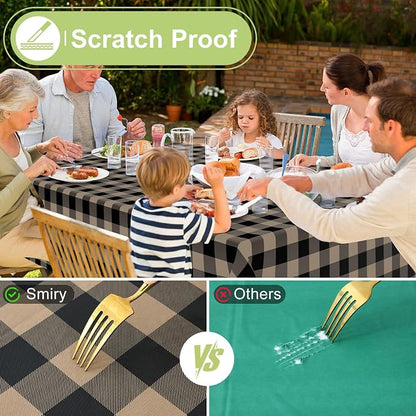 Smiry Oval Table Cloth, Vinyl Tablecloths with Flannel Backing, 60"x84" | Waterproof Picnic Table Cloth, Wipeable Buffalo Plaid Table Cover for Indoor and Outdoor (Black & Khaki)