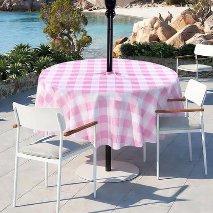 Poise3EHome Round Outdoor Tablecloth with Umbrella Hole and Zipper,Pink and White Gingham 60 Inch,SpillProof Washable Table Cloth for Spring Summer Patio Garden Poolside Picnic Camping BBQS