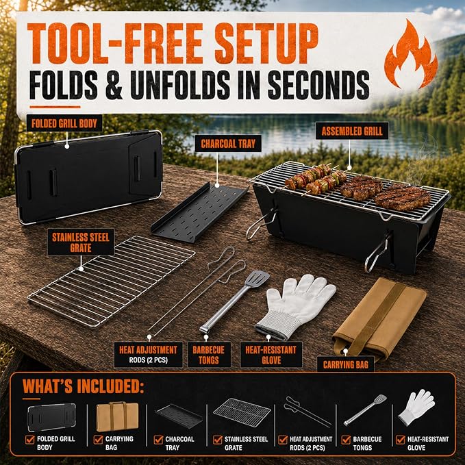 Portable Charcoal BBQ Grill, Small Foldable Camping Barbecue | Serves 2–4, Full‑Grate Cooking Coverage, 3‑Second Setup, with Carry Bag, Ideal for Outdoor Cooking, Tailgating & Backyard