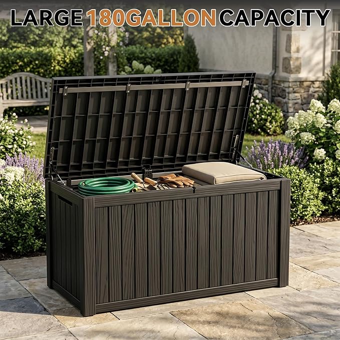 190 Gallon Large Outdoor Storage Box Waterproof, UV Resistant Resin Deck Box with Hydraulic Rod & Lockable Latch for Patio Furniture, Outside Storage Box for Garden Tools, Patio Cushions, Black
