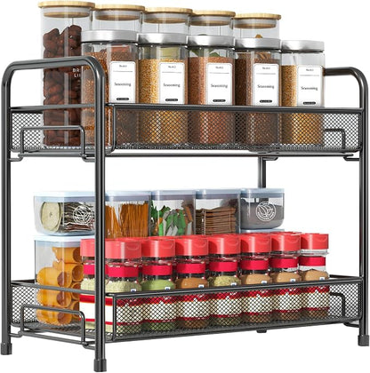 Spice Rack Organizer for Countertop,Xpatee 2-Tier Foldable Metal Rust-Proof Standing Large Seasoning Storage Shelf with Guardrail and Mesh Design for Kitchen Cabinet Bathroom Living Room Pantry, Black