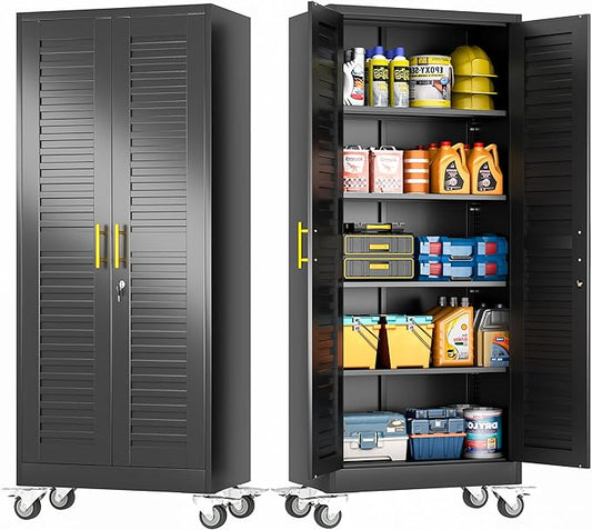GAIOUS 71” Metal Garage Storage Cabinet with Lock and Wheels, Metal Storage Cabinet with Louvered Door and 4 Adjustable Shelves, Rolling Tool Cabinet, Utility File Cabinet for Home Office -Black