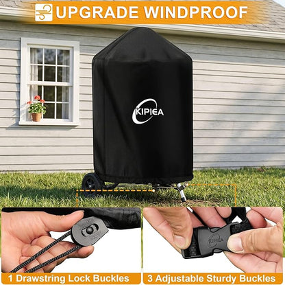 Kipiea 600D Grill Cover for Weber 18 Inch Charcoal Kettle, Heavy-Duty Oxford BBQ Grill Covers with 3 Buckles, Waterproof, Wind Resistant, Anti UV, No Tears (21.7" W X 21.7" D X 32" H)