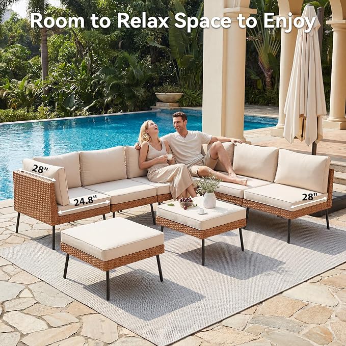 Aoxun 8-Piece Patio Furniture Set, Wicker Outdoor Furniture with Water Resistant Thick Cushions, Patio Conversation Set Outdoor Sectional Sofa with Coffee Table for Backyard Poolside, Beige