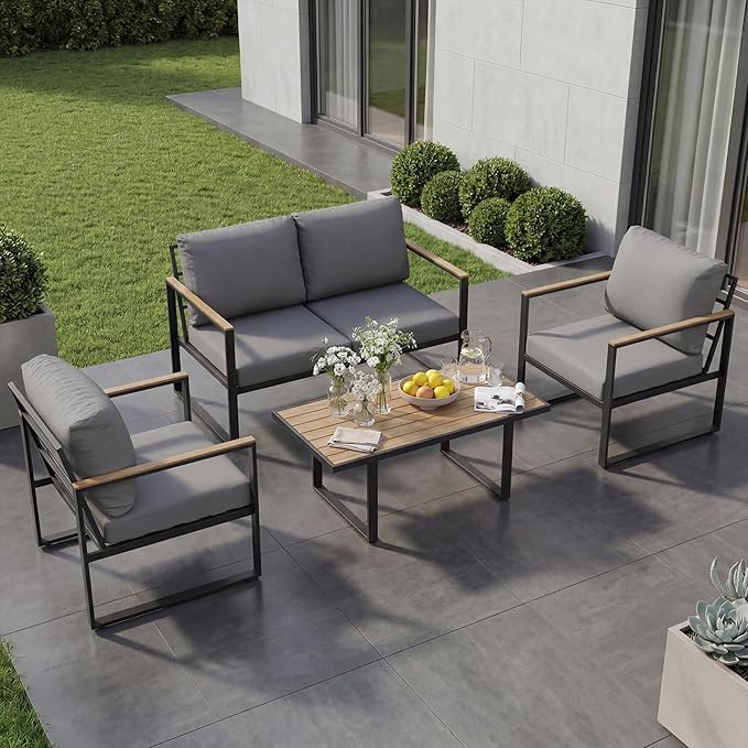 GarveeLife 4 Piece Outdoor Patio Furniture Set with Wood Coffee Table, Iron Frame Conversation Set, Gray Cushioned Chairs and Sofa for Balcony, Patio, Backyard