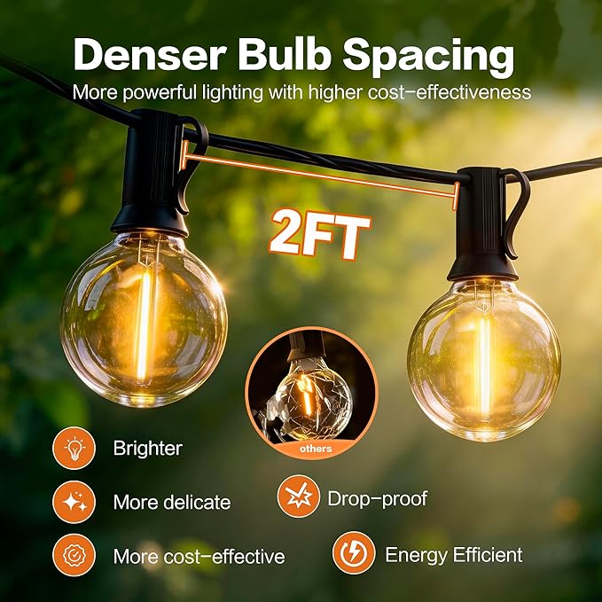 Outdoor String Lights 50FT with 25+2 G40 LED Bulbs, Shatterproof & Waterproof Patio Lights, Connectable Globe String Lights for Backyard Porch Deck Bistro Garden Party