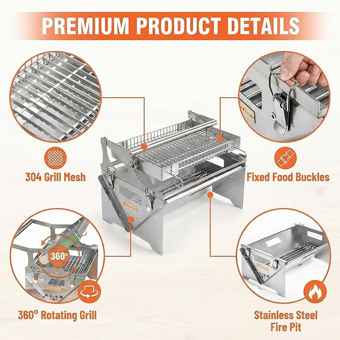Portable 360° Rotating Charcoal Grill with Flipping Basket, Stainless Steel Flip BBQ Grill for Camping & Outdoor, Easy to Clean Detachable Design, New Upgrade