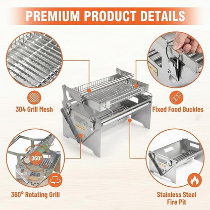 Portable 360° Rotating Charcoal Grill with Flipping Basket, Stainless Steel Flip BBQ Grill for Camping & Outdoor, Easy to Clean Detachable Design, New Upgrade