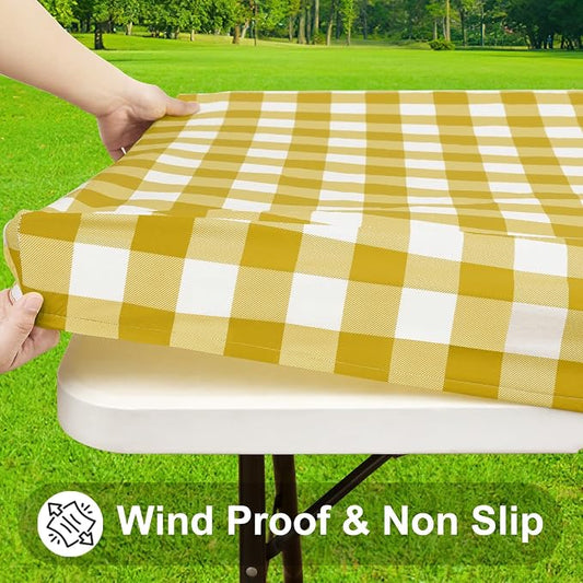 Smiry Rectangle Picnic Table Cloth, Elastic Waterproof Fitted Vinyl Tablecloths, Flannel Backed Buffalo Plaid Table Covers for Dining, Camping, Outdoor (Gold and White, 30" x 72")