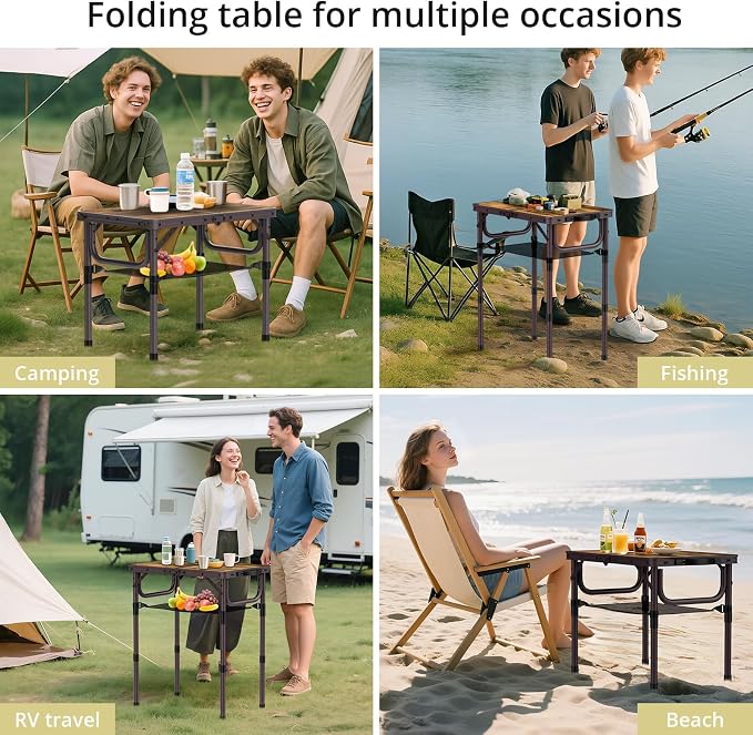 Anbte 2ft Camping Folding Table, 24" X 16" Aluminum Small Portable Table | 3 Adjustable Height Max 27.5", Camping Table with Portable Handle & Storage Net, For Outdoor Indoor Picnic Beach Travel,Brown
