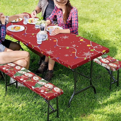 3 PCS Fitted Picnic Table Cover with Bench Cover Fitted Rectangle Tables and Seats Christmas Lights Snowmen Outdoor Picnic Table Cover for Camping