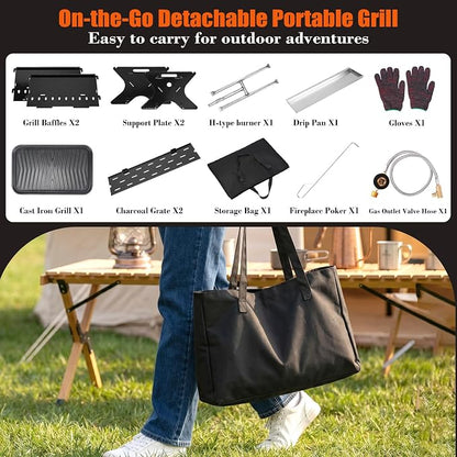 3-in-1 Portable Camping Grill, Foldable Charcoal Wood Gas BBQ & Fire Pit with Pull-Out Removable Griddle Plate & Carry Bag, for Backpacking Tailgating Patio Outdoor Cooking