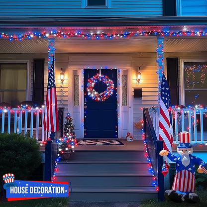 JMEXSUSS 500 LED Red White and Blue Lights 4th of July Decorations Plug in | 173ft 8 Modes 4th of July Lights Outdoor, Waterproof Patriotic String Lights for Memorial Day Independence Day Decor