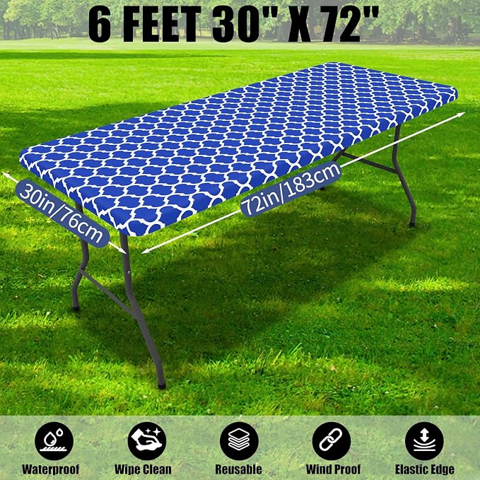 Smiry 2 Pack Rectangle Table Cloth 6 Foot, Waterproof Elastic Fitted Tablecloths, Windproof Washable Polyester Table Cover for Picnic, Camping, Outdoor (Blue, 30"x72")