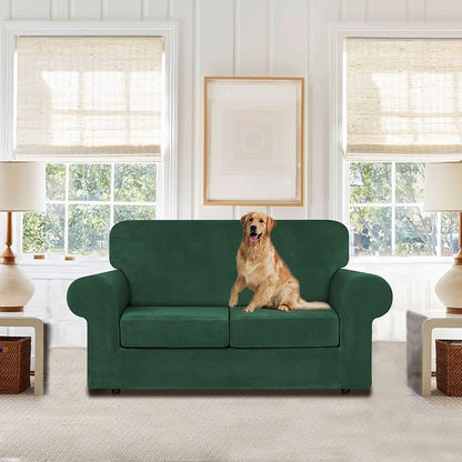 WEERRW Velvet Stretch 3 Pieces Couch Cover for Sofa Washable, Emerald Green | Love Seat Couch Covers for 2 Cushion Couch Sofa Furniture Protector slipcoves with Elastic Bottom for Kids, Medium