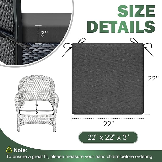 Outdoor Chair Cushions Set of 2, 22x22x3 Inch Waterproof & Fade Resistant Patio Furniture Seat Cushions with Ties, Square Outdoor Dining Chair Cushions for Lawn, Garden, Deck & Yard, Dark Grey