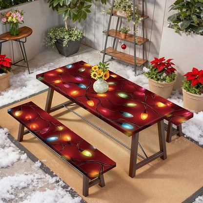 Christmas Picnic Table Cover with Bench Cover, Outdoor Picnic Table Elastic Tablecloth, Red Holiday Light Design, Camping, Barbecue and Christmas Parties