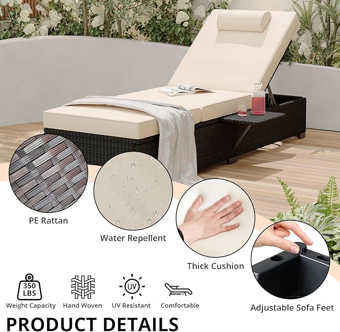 PeakPursuit Patio Lounge Chairs,Outdoor PE Wicker Chaise Lounge Set of 2,Chaise Lounge Chair Outdoor，Pool Furniture,Brown Rattan Recliners with Adjustable Backrest,Storage Table,Beige