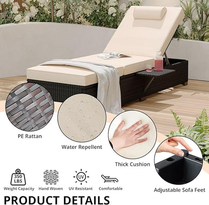 PeakPursuit Patio Lounge Chairs,Outdoor PE Wicker Chaise Lounge Set of 2,Chaise Lounge Chair Outdoor，Pool Furniture,Brown Rattan Recliners with Adjustable Backrest,Storage Table,Beige