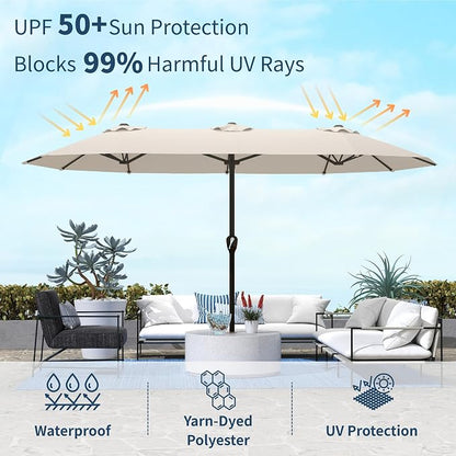15FT Double Sided Patio Umbrella with Base Included Large Outdoor Market Umbrella with Crank Handle, UV Resistant Canopy, Sturdy Frame for Garden, Poolside, Deck, Beige