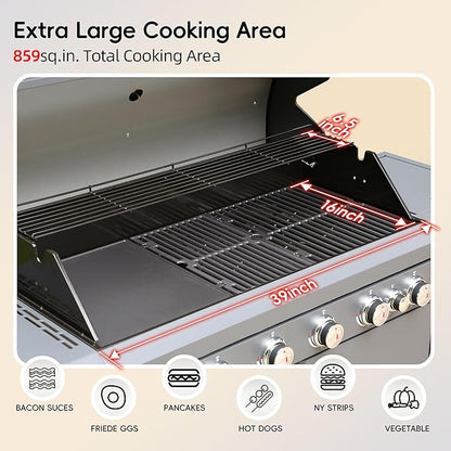 Flintex 6-Burner Propane Gas Kitchen Grill Island with Side Burner,72,000 BTU Stainless Steel BBQ Outdoor Griddle Grill Combo with LPG/NG Convertible and Storage Cabinets & Fold-out Table, Gray