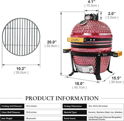 London Sunshine Ceramic BBQ Charcoal Kamado Grill 13 inch Portable Tabletop BBQ Grill with Stainless Steel Grates, pearlescent red