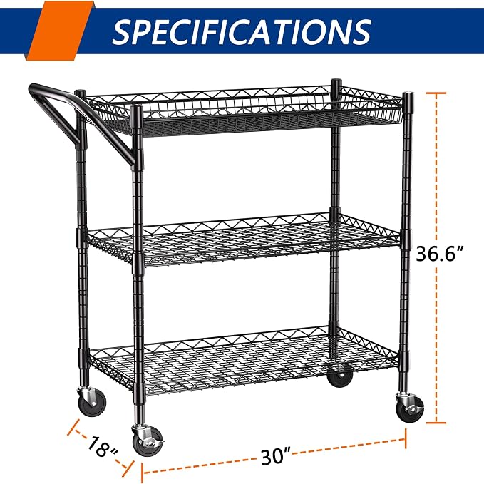 REGILLER 3 Tier Heavy Duty Rolling Utility Cart,18" D x 30" W x 36.6" H Rolling Carts with Wheels,Commercial Grade Metal with Handle Bar & Shelf Liner,Trolley Serving Storage Cart for Kitchen Black