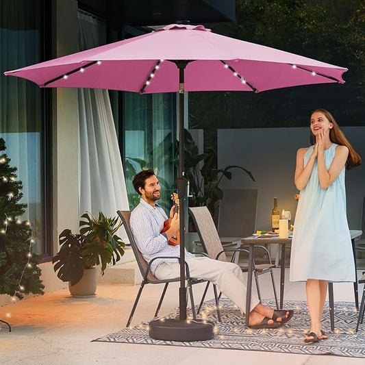 JEAREY 9FT Outdoor Patio Umbrella with Solar Lights, LED Lighted Pool Umbrella with Tilt and Crank, Outdoor Table Umbrellas for Deck, Yard & Market (Rose Pink)