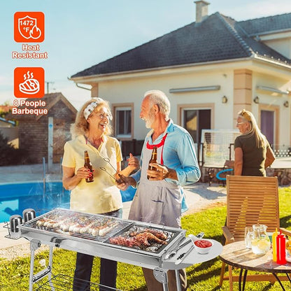 Charcoal Grills for Outdoor Cooking,Stainless Steel Folding Portable BBQ Grill Large Charcoal Grill for Garden Backyard Party Picnic Travel Outdoor Cooking Use With Non-Stick Frying Pan