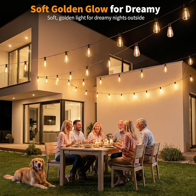 Hotsonic Solar Outdoor String Lights Waterproof, 50FT Remote Control LED Outside Lights with Shatterproof Bulbs, Dimmable Hanging Lights for Patio Porch Garden pergola Yard House Bistro Party decors ﻿