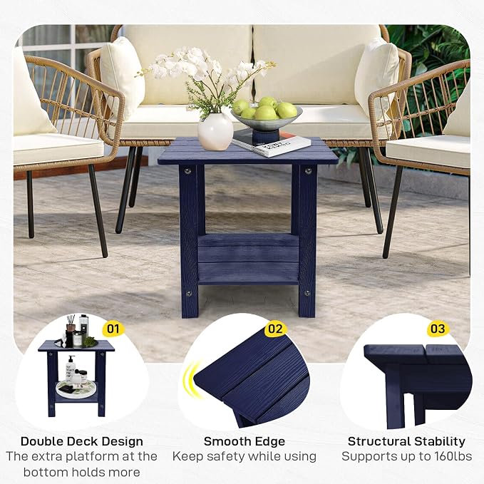 Outdoor Side Table, Weather Resistant Double Small Adirondack Side Table, Outdoor Indoor End Table for Adirondack Chair, 17" Patio Table for Pool, Deck and Porch, Deep Blue