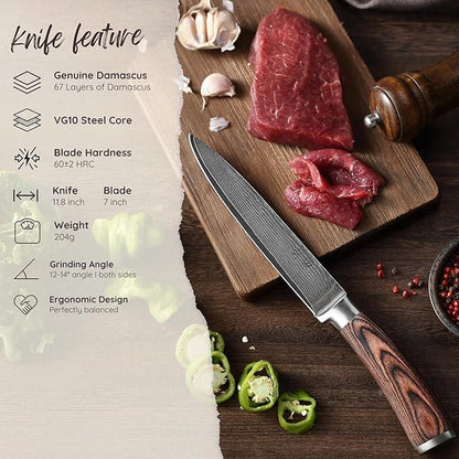 Wakoli EDIB Damascus Meat Knife – 7-Inch Japanese-Style Kitchen Knife for Meat, BBQ, and Roasts, 67-Layer Damascus Steel Blade with VG10 Core, Ergonomic Pakkawood Handle – Carving Knife in Gift Box