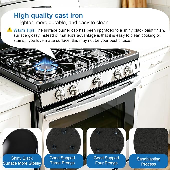 Upgraded 4PCS Surface Burner Caps Set Fits for GE&Hotpoint&Haier 30" Gas Range/Cooktop,WB29K10022-1 Small Cap WB29K10023-1 Medium Cap WB29K10024-1 Large Cap WB28K10222-1 XLarge Cap,Shiny Black Surface