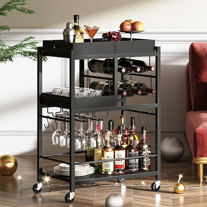 TUTOTAK Bar Cart with Wheels, Drink Cart with Wine Rack and Glass Holder | 3-Tier 24.8 Inch Wide Home Bar Serving Carts, Small Mobile Kitchen Shelf with 6 Hooks, Black BC01BK037