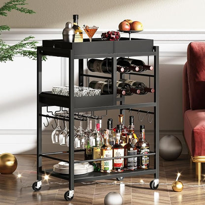 TUTOTAK Bar Cart with Wheels, Drink Cart with Wine Rack and Glass Holder | 3-Tier 24.8 Inch Wide Home Bar Serving Carts, Small Mobile Kitchen Shelf with 6 Hooks, Black BC01BK037
