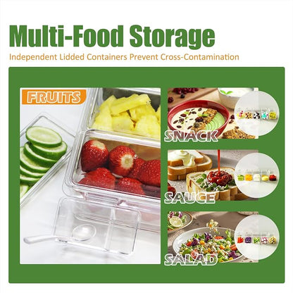 Chilled Condiment Server, Taco Bar Serving Set, Mimosa Bar Supplies, with 5 Lidded Containers and Detachable Ice Storage Layer, 2 Hanging Cups for Storing Tong or Forks
