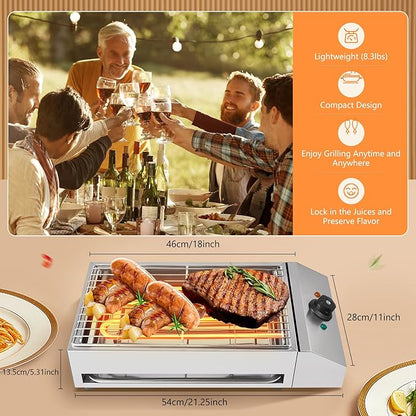 Countertop Electric BBQ Grill, 1800W Commercial Electric BBQ Grill Outdoor with Adjustable Temperature Range Practical Tray and Portable Commercial Non-Stick Barbecue Griddle Rack for Domestic Party
