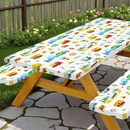 Picnic Table Cover with Bench Covers, RV Bear & Mountain Camping Tablecloth, Elastic Edges, Windproof Waterproof Fitted, for Outdoor Camping Patio Garden, with Drawstring Bag, 60 Inch 3PCS