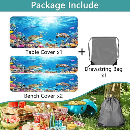 Ocean Animals Picnic Table Cover with Bench Covers, Camping Essentials, Underwater Sea Turtles Waterproof Windproof, Fitted Tablecloth Cover with Elastic Edge, for Garden & Outdoor, 3 PCS, 30x60 Inch