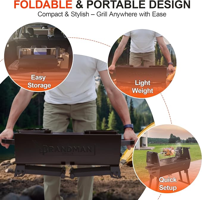 BRANDMAN GRILLS SINCE 1987 2 in 1 Portable Charcoal BBQ Rotisserie Grill with Motorized Kit 21 Inch Folding BBQ Grill 3 Level Height Lightweight for Backyard Outdoor Camping