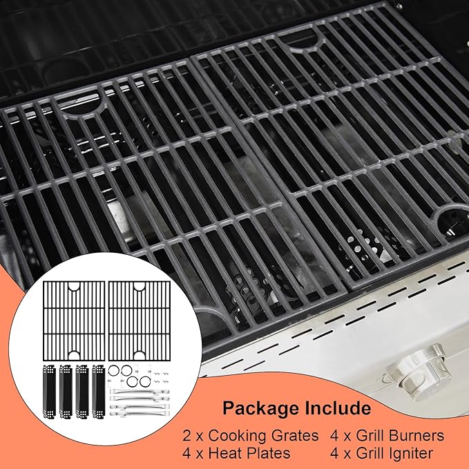 Grill Parts for Nexgrill 720-0830H 720-0830 720-0830D 720-0830T 730-0830MB 730-0830H Cast Iron 17" Cooking Grates, Porcelain Steel Heat Plates, Burner Replacement Kit for Home Depot Nexgrill 4 Burner