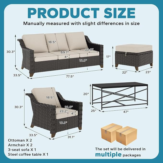 6 Pieces Outdoor Conversation Furniture Set - 77" Patio Sofa, 2 Armchairs, 2 Ottomans, 1 Metal Table, Patio Wicker Couch Set with Washable Cushions for Swimming Pool (Beige) | Patio Chair Set with Olefin Removable Cushion, All-Weather Outdoor Couch wit...
