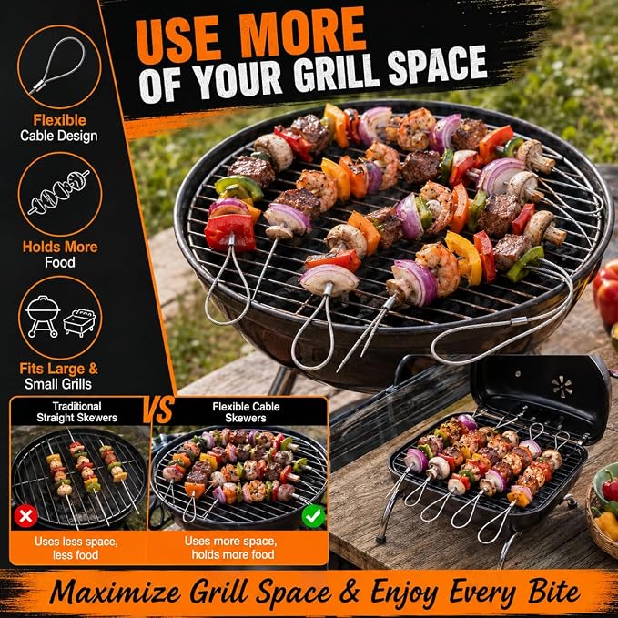 Flexible BBQ Skewers, 29 Inch 304 Stainless Steel Cable, 8 Pack for Grills | Reusable Kabob Skewers Hold Meat and Veggies for Grilling; Ideal for Backyard BBQs, Camping, Picnics, Tailgating and Parties