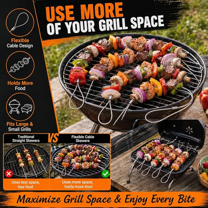 Flexible BBQ Skewers, 29 Inch 304 Stainless Steel Cable, 8 Pack for Grills | Reusable Kabob Skewers Hold Meat and Veggies for Grilling; Ideal for Backyard BBQs, Camping, Picnics, Tailgating and Parties
