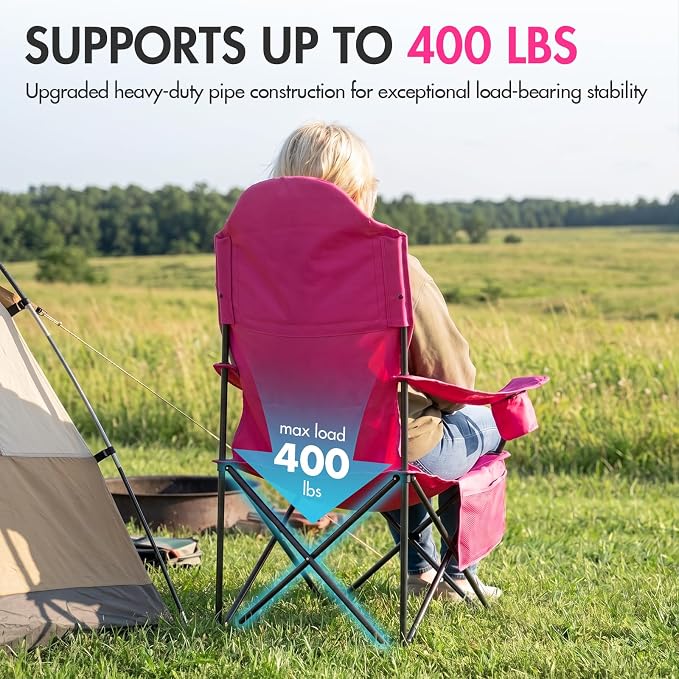 EVER ADVANCED Oversized Camping Chairs, Folding Chairs for Outside Heavy Duty 400LBS Lawn Chairs High Back Camp Chair with Cup Holder for Outdoor, Fishing & Sports, Pink