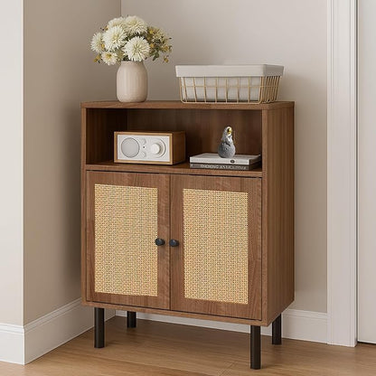 Rattan Storage Cabinet, Boho Accent Cabinet with Double Doors | Small Freestanding Sideboard for Hallway, Laundry Room,Kitchen, Dining Room, Entryway (Walnut)